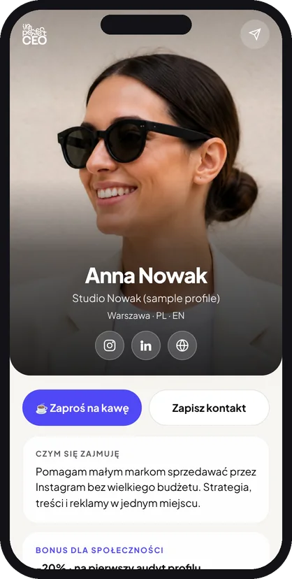 Przykładowa wizytówka PRO na telefonie